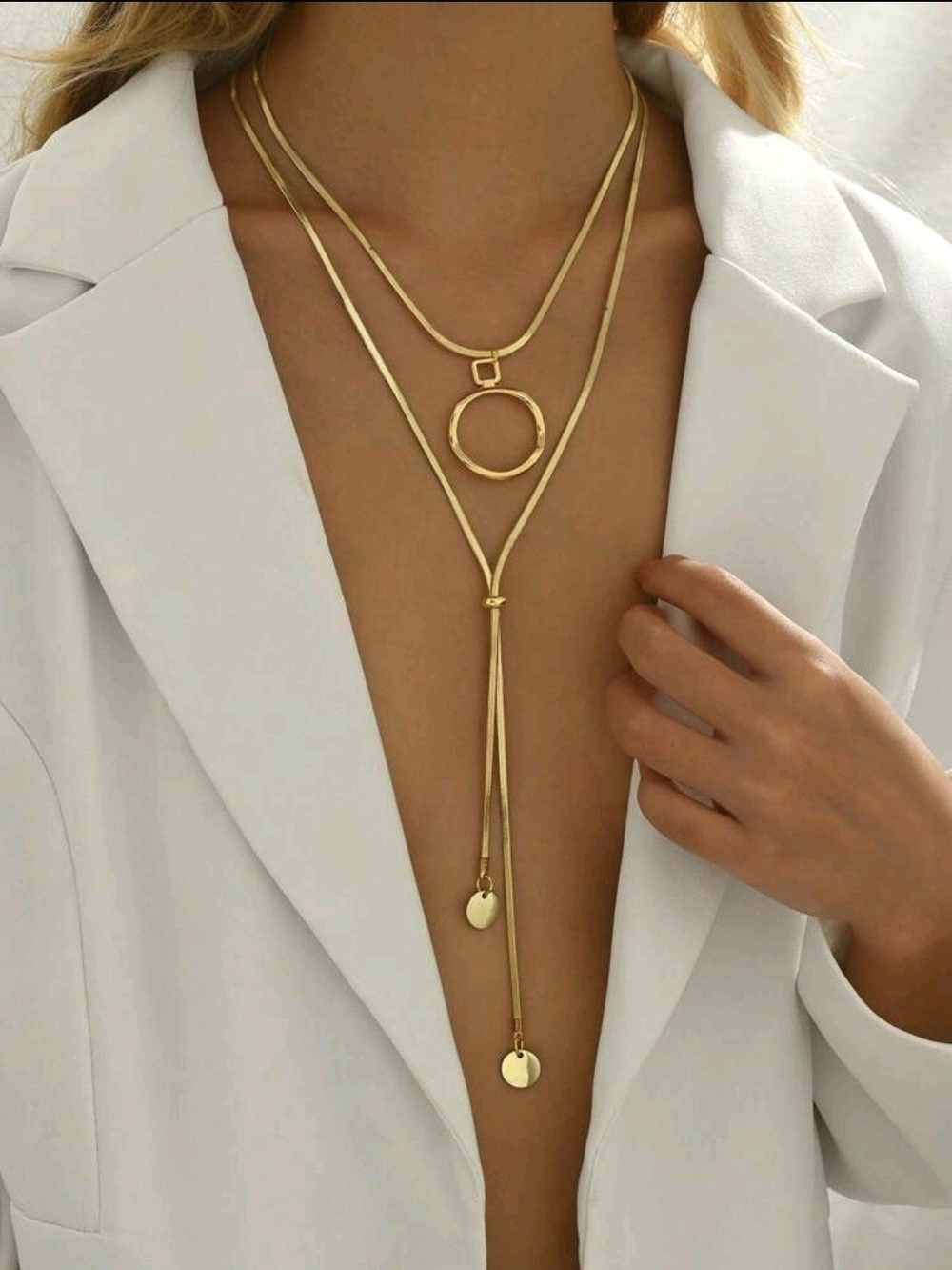 Gold Layered Circle Lariat Necklace - Women Jewelry
